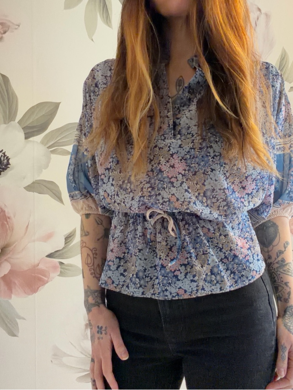 VTG Floral Peplum Peasant Top - Women size medium